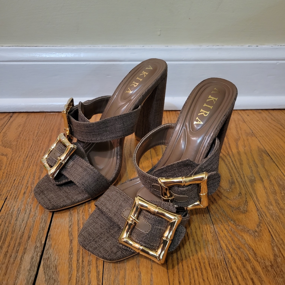AKIRA Brown Heeled Sandals with Gold Buckles